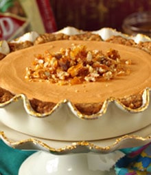 Fancy pie dish with Oatmeal Walnut Butterscotch Pie.