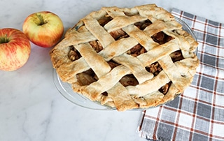 Baked lattice top apple pie.
