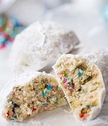 Funfetti Cookie Ball broken open.