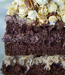 Close-up on slice of German Chocolate Caramel Corn Cake.