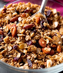 Bowl of Maple Almond Cranberry Granola.