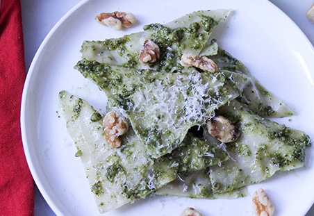 Mushroom and Cheese Ravioli with Walnut Pesto