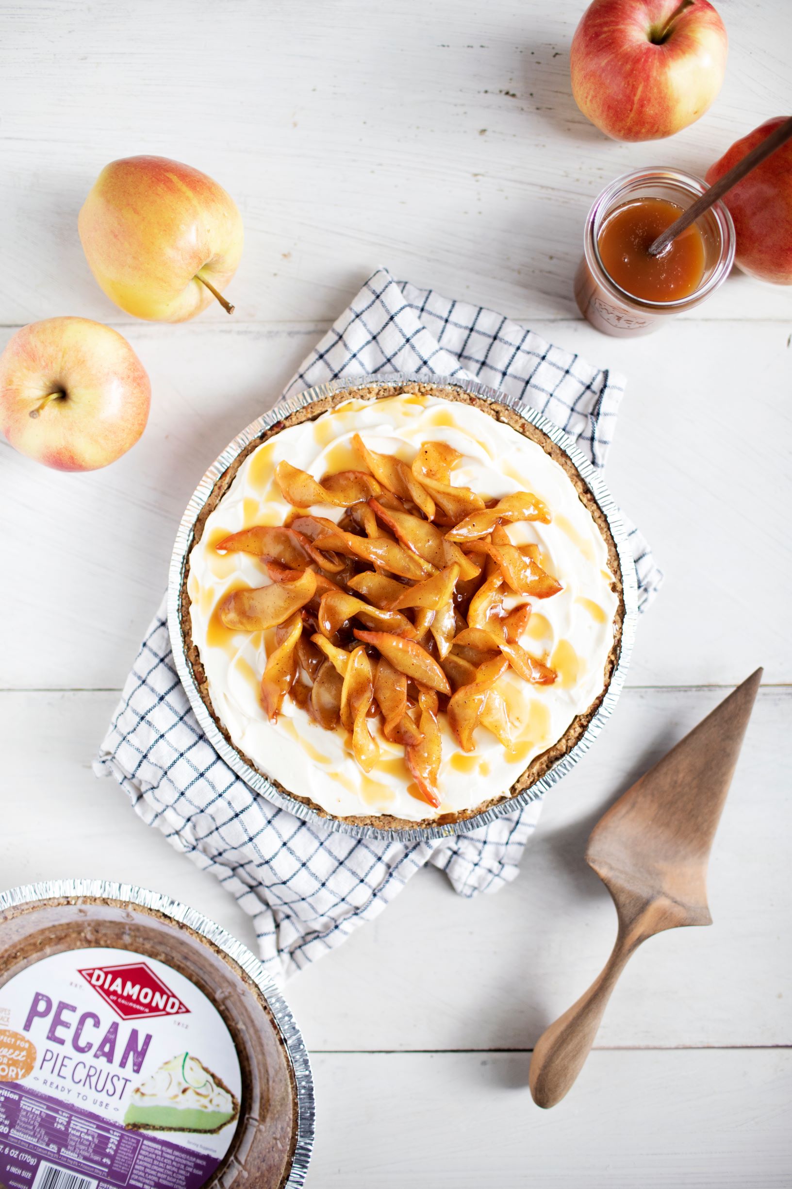 Top view of No-Bake Apple Pie Cheesecake with Pecan Pie Crust.