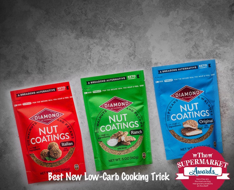 Bags of Diamond Nut Coatings showing their award for best new low-carb cooking trick by Food Network