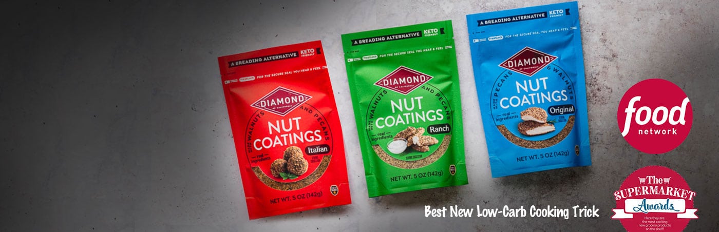 Bags of Diamond Nut Coatings showing their award for best new low-carb cooking trick by Food Network