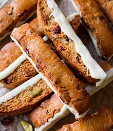Cranberry Pistachio Biscottis dipped in White Chocolate.
