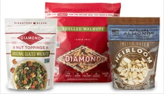 Image of Diamond Nuts products—walnuts, marcona almonds, and nut toppings