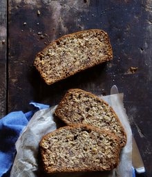 Three slices of Toasted Pecan and Coconut Banana Bread.