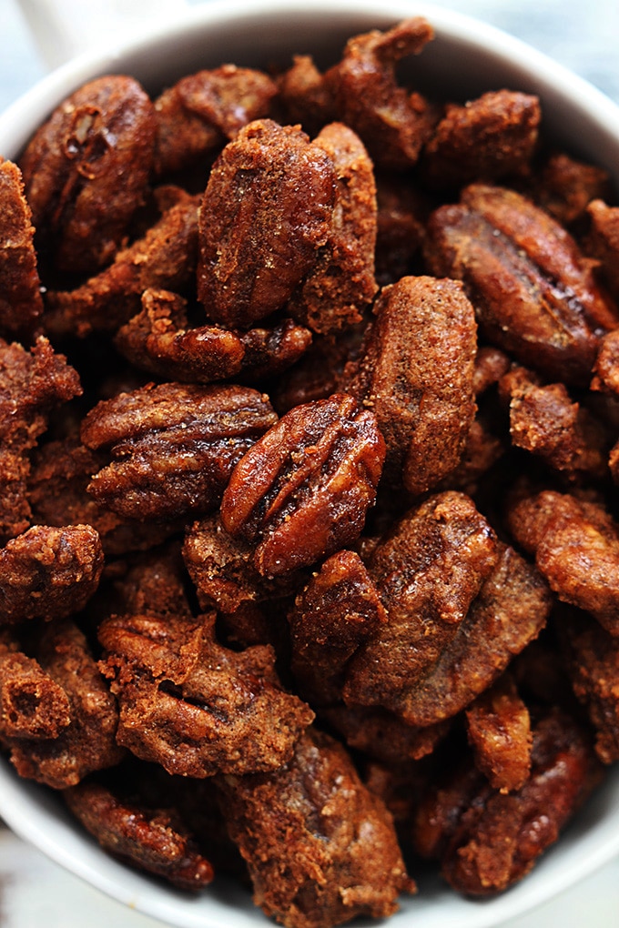 Bowl of Slow Cooker Cinnamon Pecans.