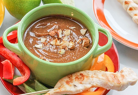 Thai Almond Butter Dip with Grilled Chicken Skewers