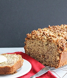 Loaf and slice of Walnut Crumble Banana Bread.