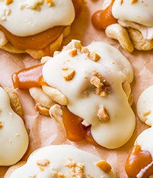 Close-up of White Chocolate Caramel Cashew Clusters.